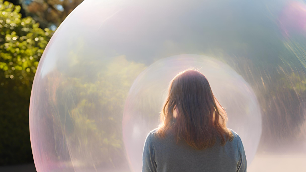 A person standing in a hazy bubble with their eyes closed and donesn't have awareness of what is outside of the bubble